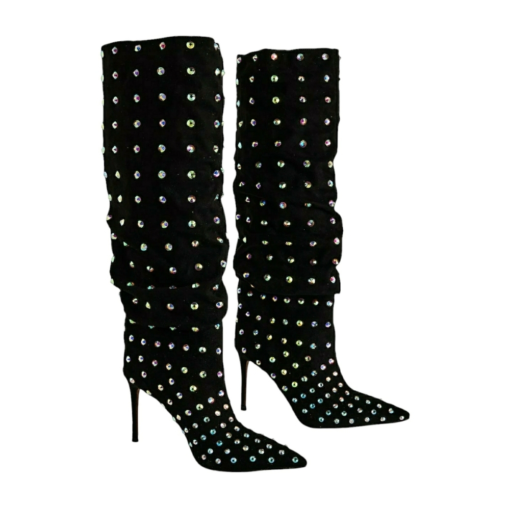 Brian Atwood Black Heeled Boots with Silver Accents